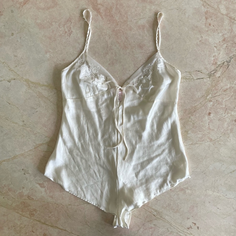 Vintage Victoria's Secret silk ivory bodysuit with pearl embellishments